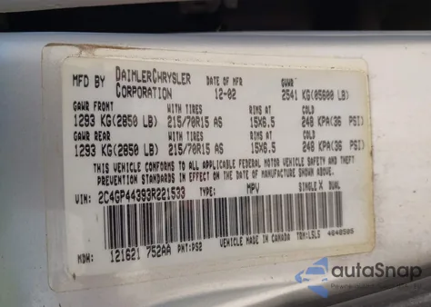 2003 Chrysler Town & Country Lx z USA, uszkodzony, nr VIN 2C4GP44393R221533